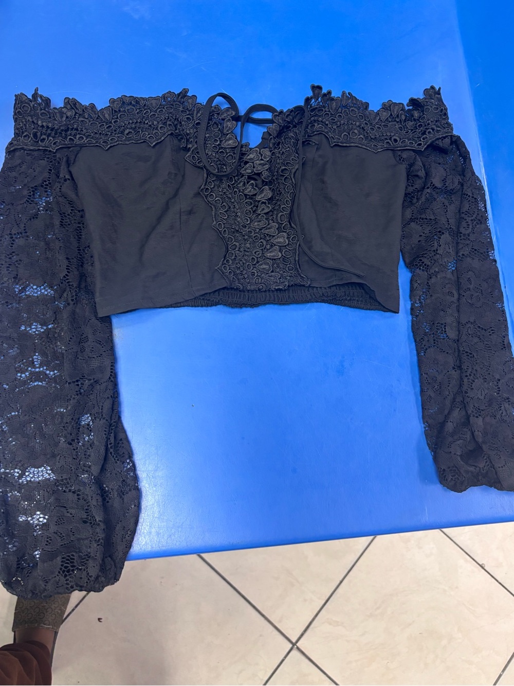 Black Lace Off-Shoulder Cropped Top with Balloon Sleeves